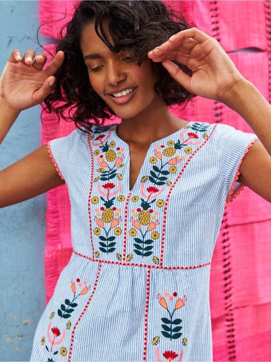 Boden Dresses & Skirts - Boden Linen Blend Embroidered Striped Shift Dress Blue White Floral | US 12R
